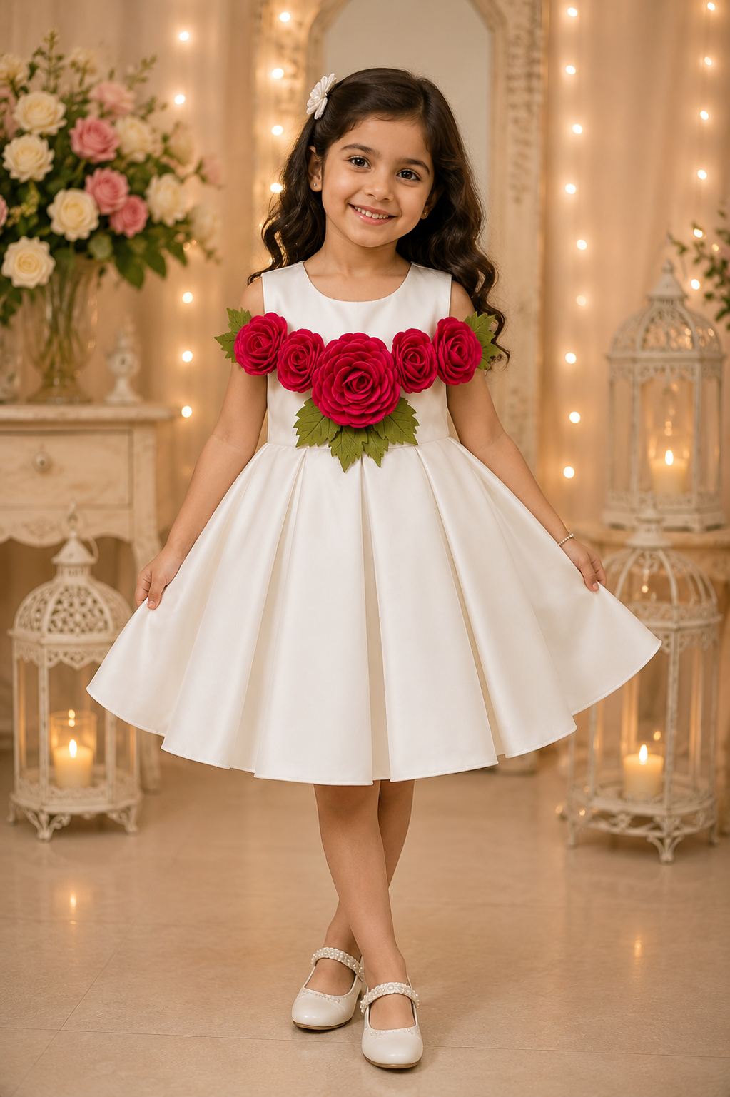 Girls’ Ivory Satin Party Dress with 3D Fuchsia Rose Appliqué