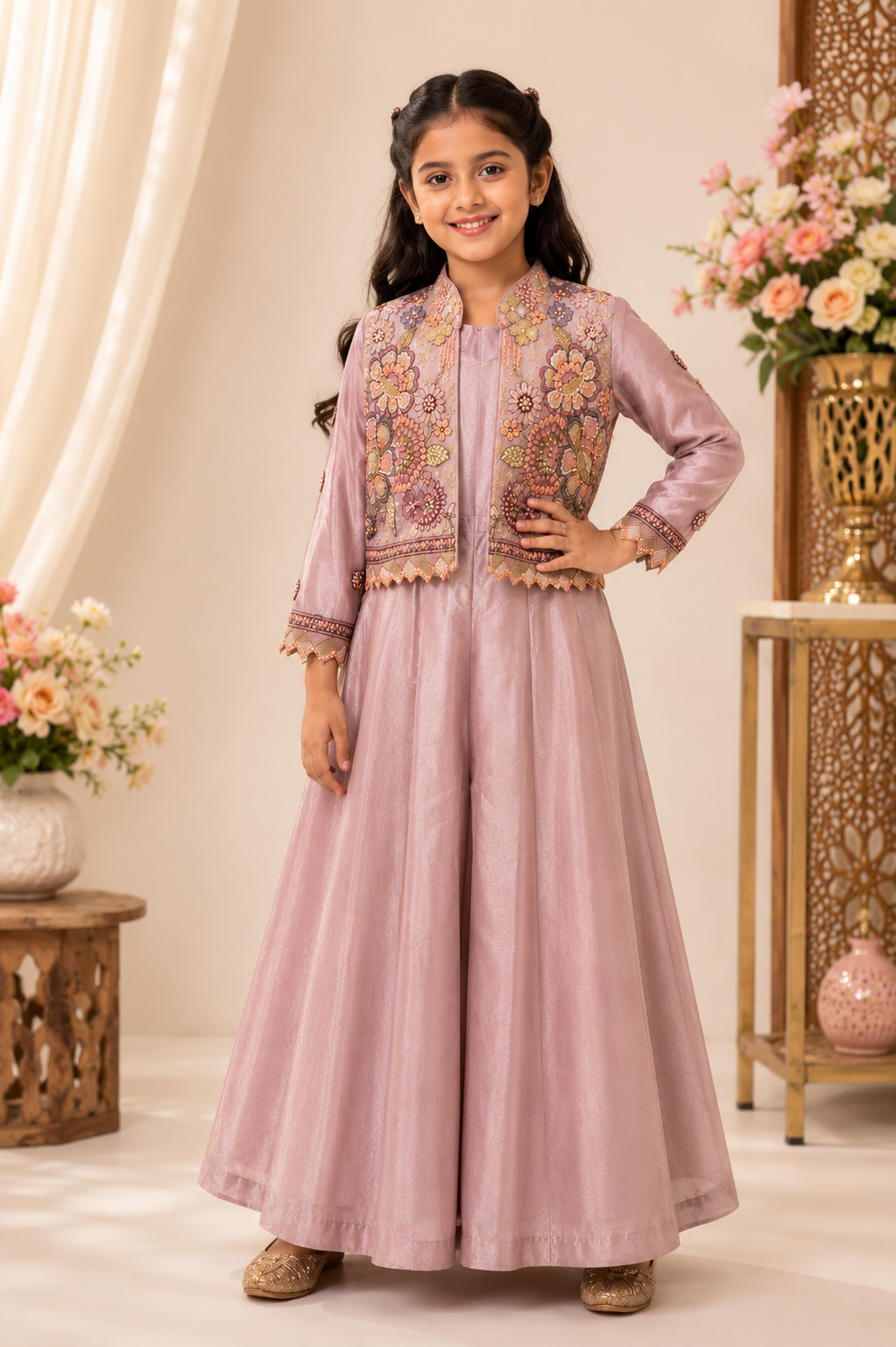 Blush Pink Embroidered Jacket with Flared Palazzo Set for Girls