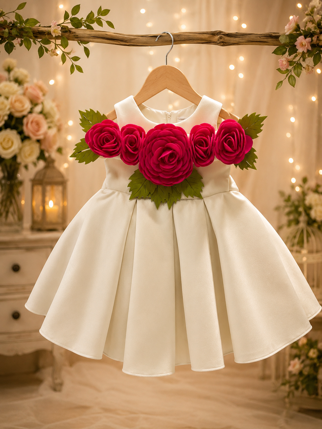 Girls’ Ivory Satin Party Dress with 3D Fuchsia Rose Appliqué