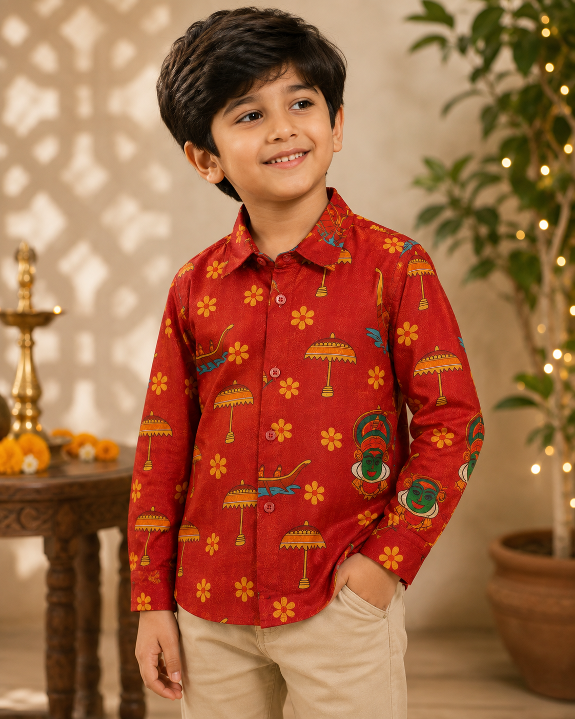 Boys’ Red Traditional Print Full Sleeve Party Shirt | Ethnic Festive Wear