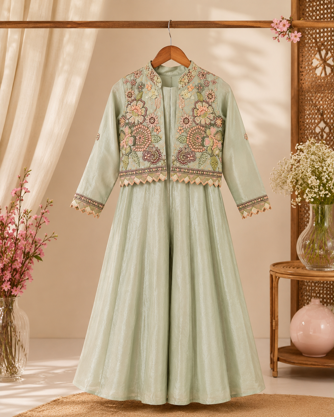 Sage Green Embroidered Jacket with Flared Palazzo Set for Girls
