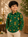 Boys’ Green Traditional Print Full Sleeve Party Shirt | Ethnic Festive Wear