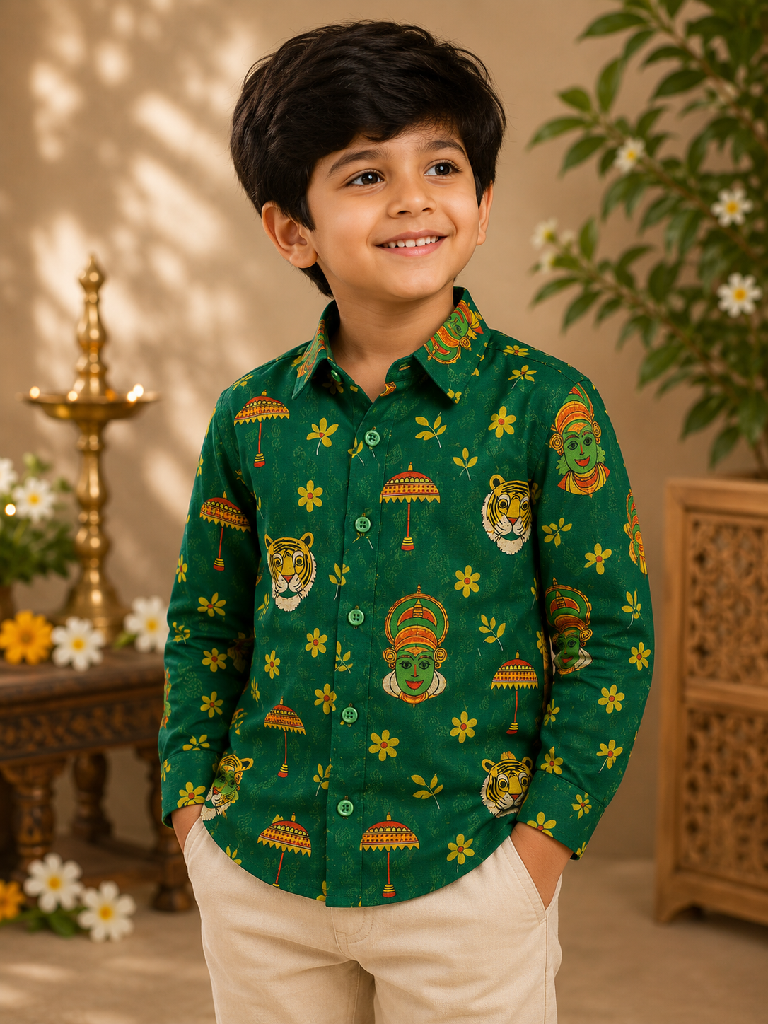 Boys’ Green Traditional Print Full Sleeve Party Shirt | Ethnic Festive Wear