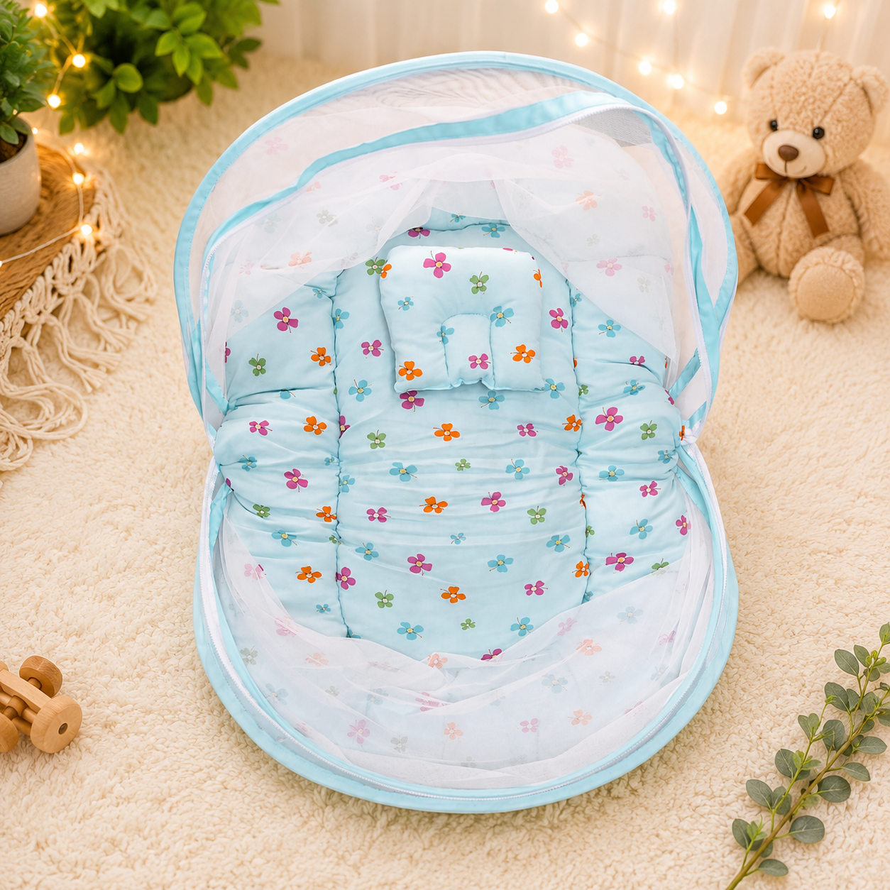 Premium Foldable Baby Mosquito Net Bed with Soft Cushioned Mattress | Portable Newborn Baby Sleeping Nest | Floral Print