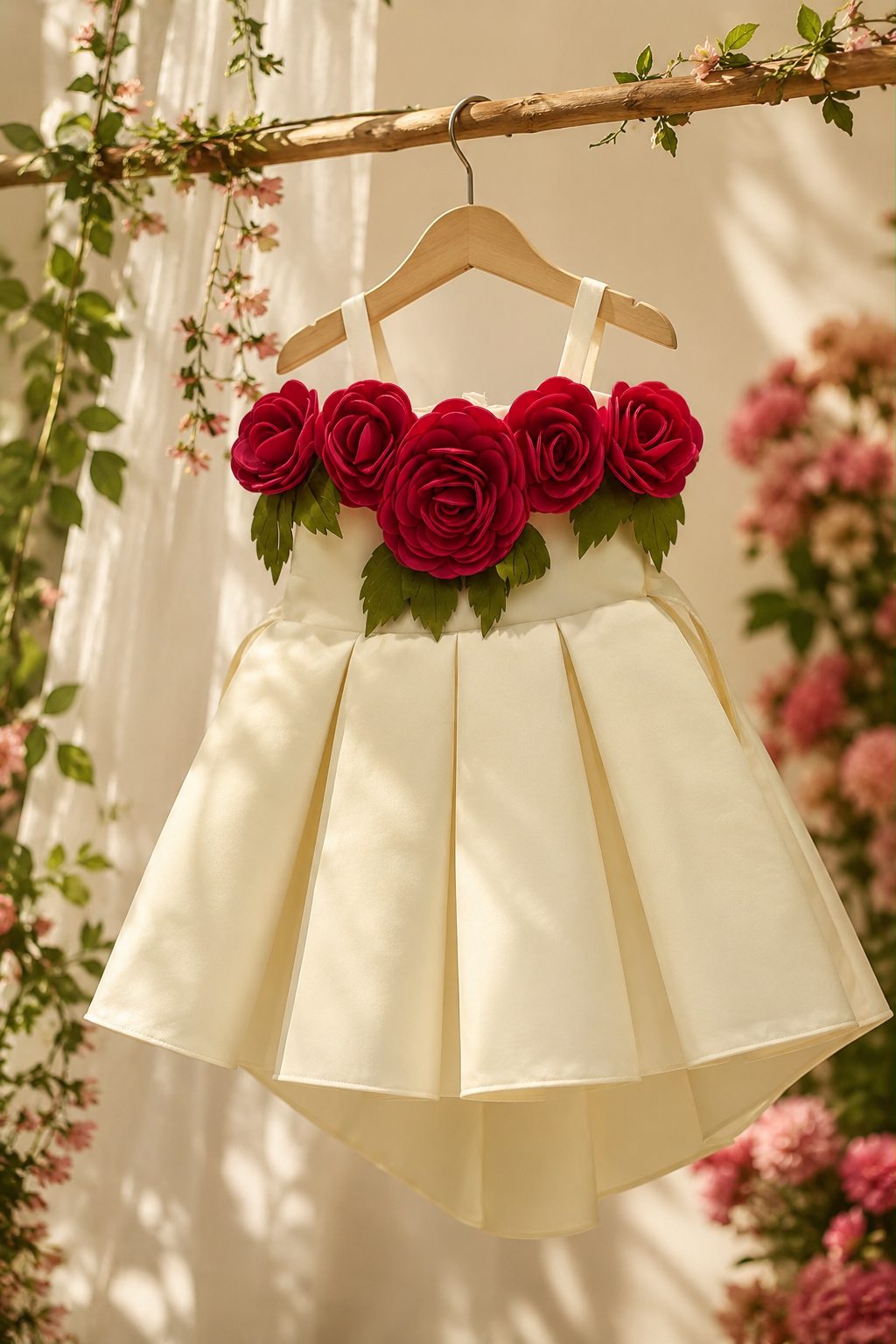 Elegant Ivory High-Low Party Dress with 3D Red Rose Floral Bodice for Girls