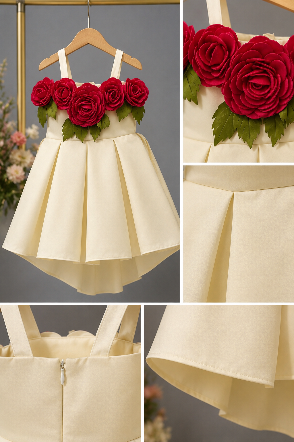 Elegant Ivory High-Low Party Dress with 3D Red Rose Floral Bodice for Girls