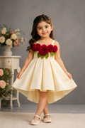 Elegant Ivory High-Low Party Dress with 3D Red Rose Floral Bodice for Girls