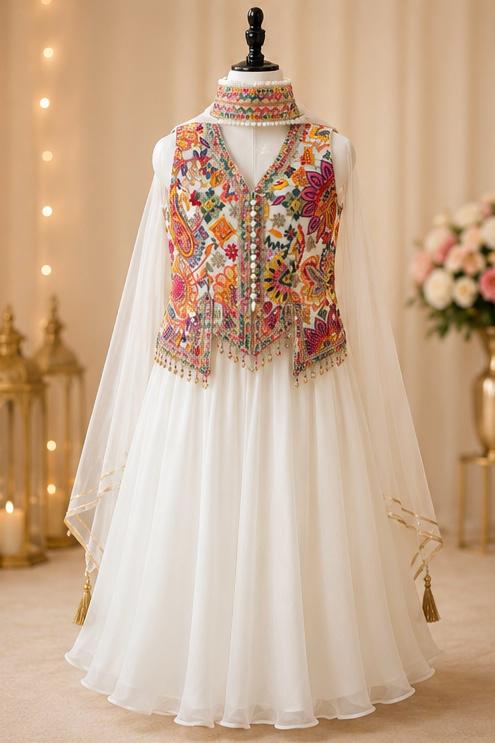Girls White Embroidered Indo-Western Gown with Multicolor Mirror Work Jacket & Dupatta