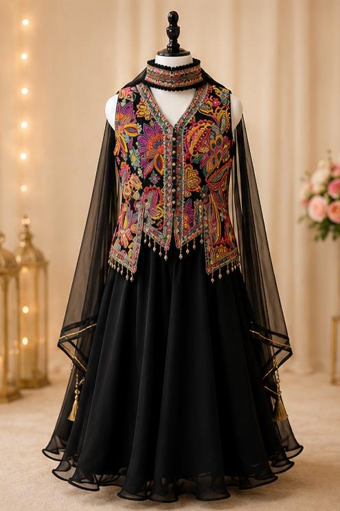 Girls Black Embroidered Indo-Western Gown with Multicolor Mirror Work Jacket & Dupatta