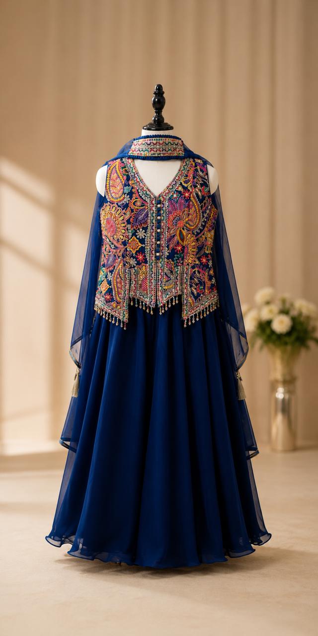 Royal Navy Blue Embroidered Indo-Western Sharara Set for Girls