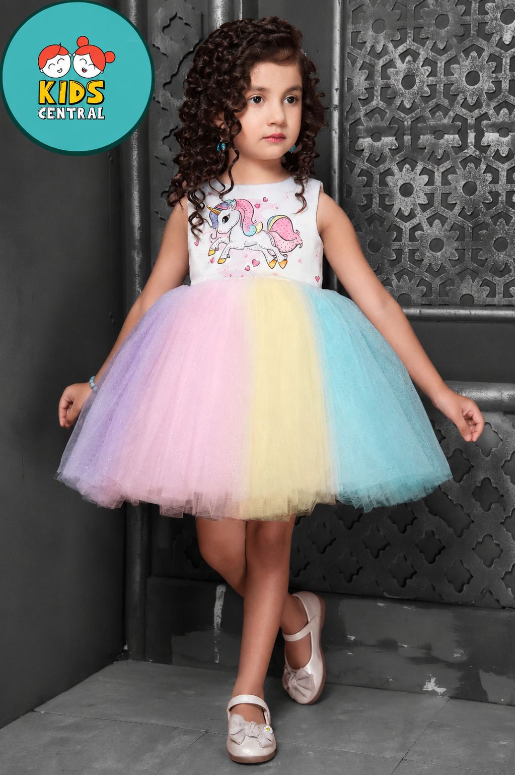 Girls Rainbow Unicorn Tulle Party Dress – Sleeveless Pastel Princess Frock