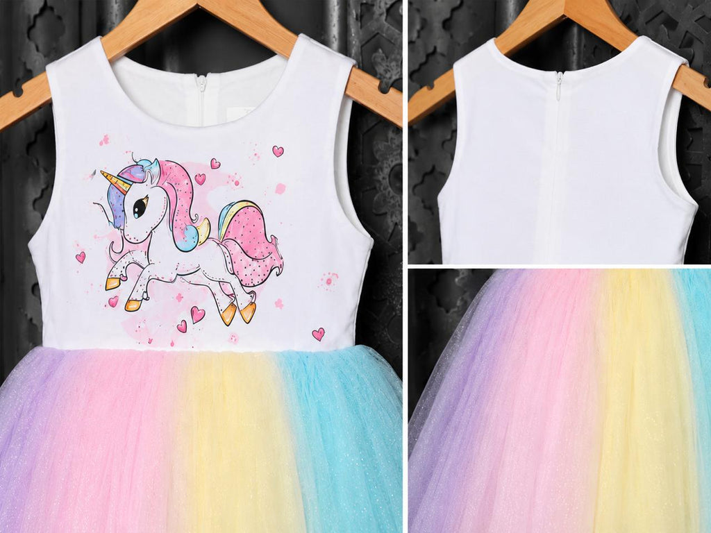 Girls Rainbow Unicorn Tulle Party Dress – Sleeveless Pastel Princess Frock