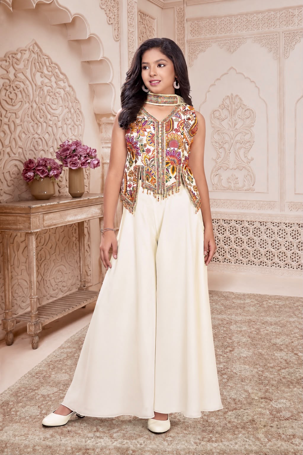 Girls White Embroidered Indo-Western Gown with Multicolor Mirror Work Jacket & Dupatta