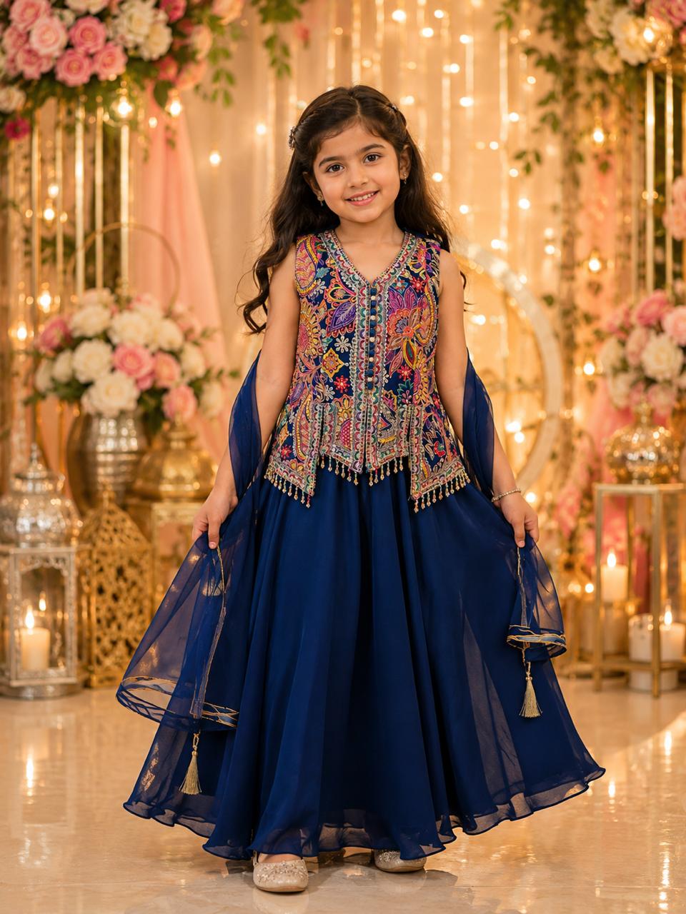 Royal Navy Blue Embroidered Indo-Western Sharara Set for Girls