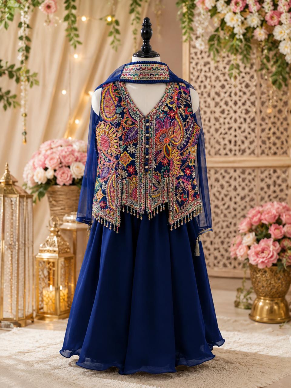 Royal Navy Blue Embroidered Indo-Western Sharara Set for Girls