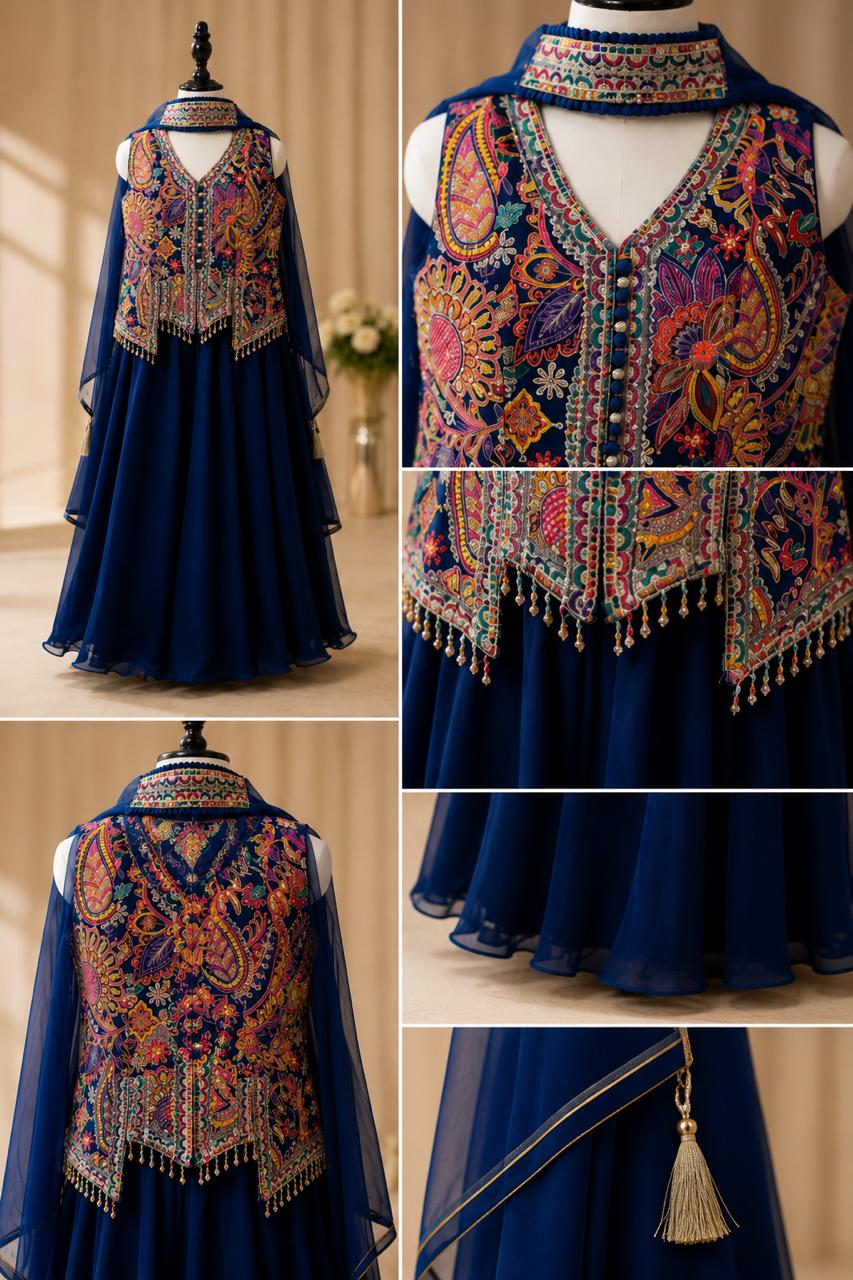 Royal Navy Blue Embroidered Indo-Western Sharara Set for Girls