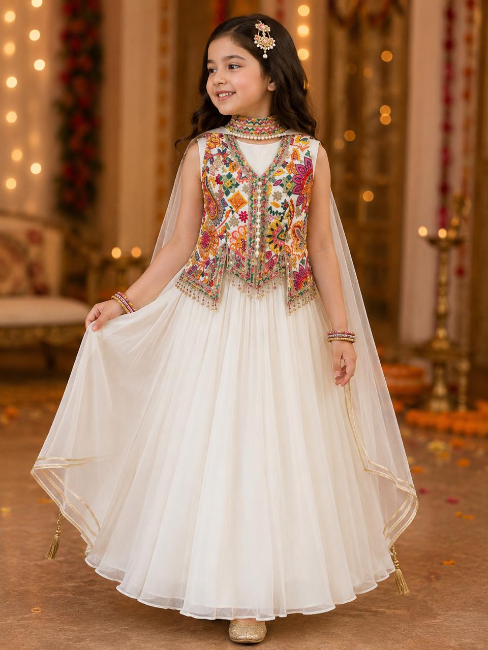 Girls White Embroidered Indo-Western Gown with Multicolor Mirror Work Jacket & Dupatta