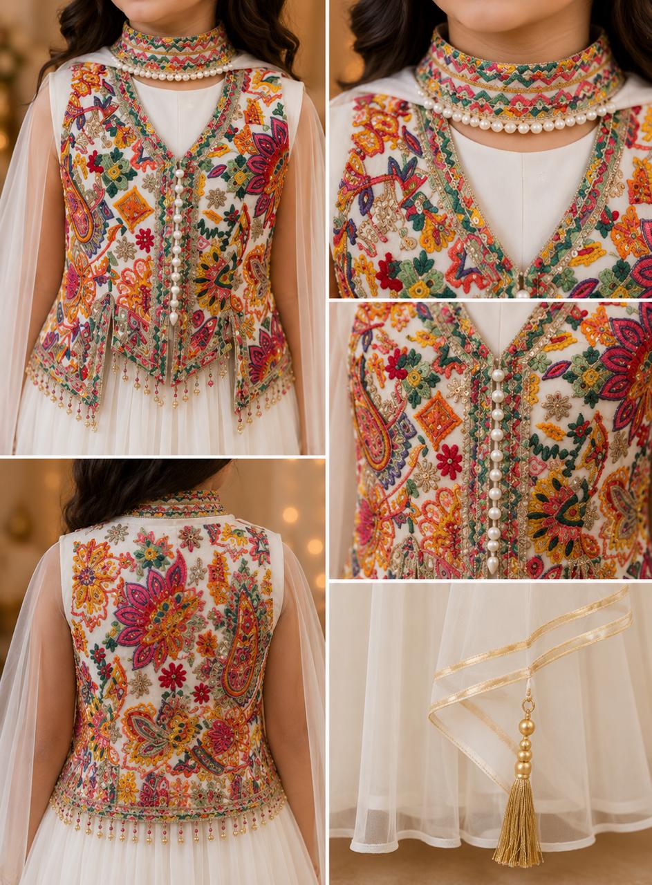 Girls White Embroidered Indo-Western Gown with Multicolor Mirror Work Jacket & Dupatta