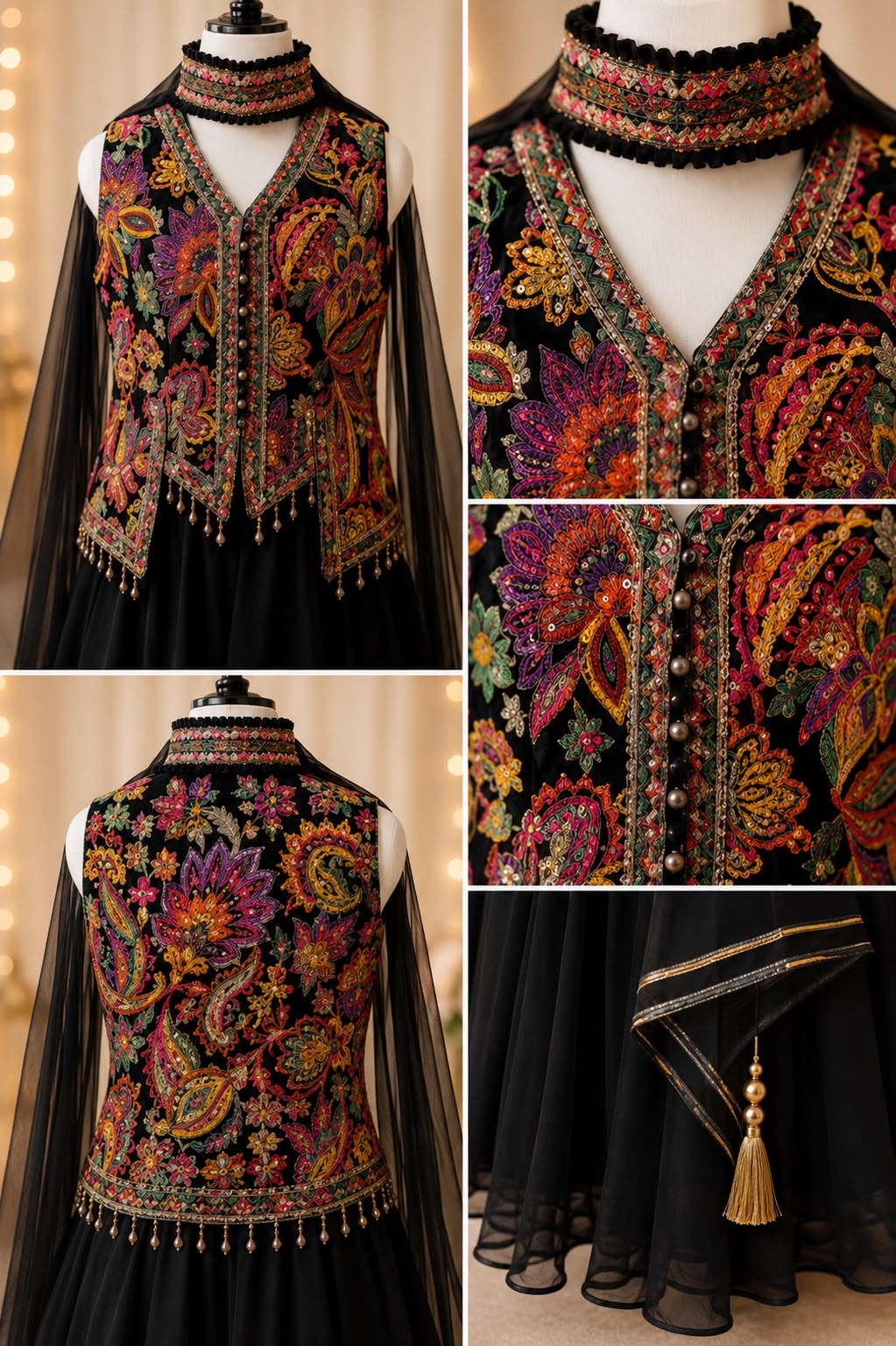 Girls Black Embroidered Indo-Western Gown with Multicolor Mirror Work Jacket & Dupatta