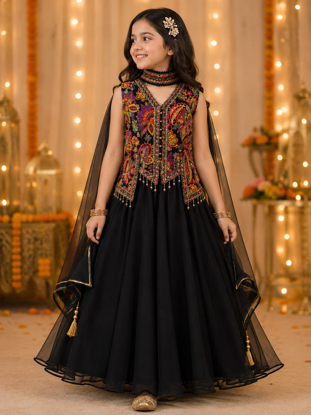 Girls Black Embroidered Indo-Western Gown with Multicolor Mirror Work Jacket & Dupatta