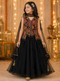 Girls Black Embroidered Indo-Western Gown with Multicolor Mirror Work Jacket & Dupatta